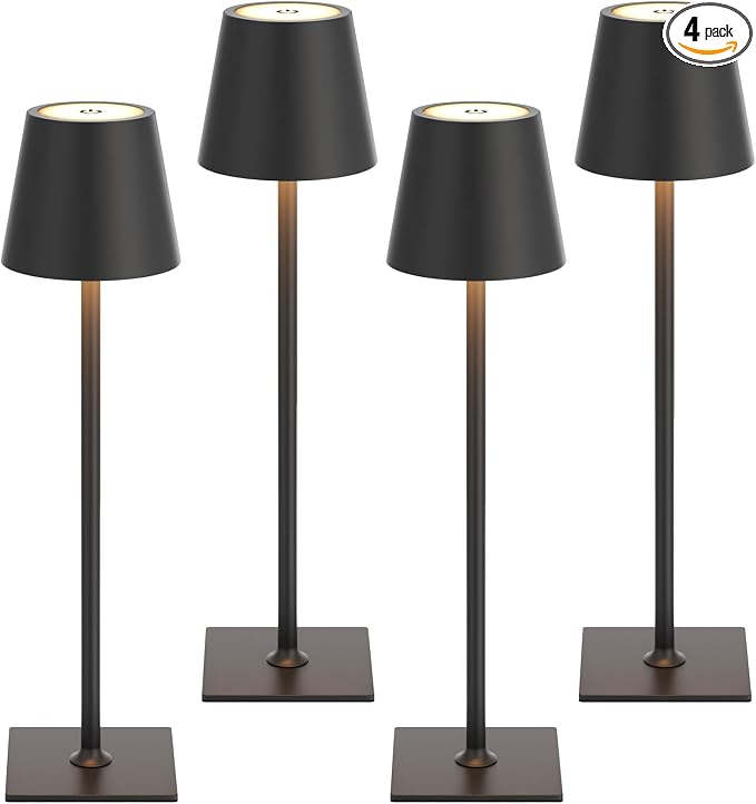 Kakanuo Cordless Rechargeable Table Lamp Black 5000mAh Battery Operated Lamps, 3 Colors Stepless Dimming Touch Lamp for Dining, Living Room, Outdoor Patio, Kitchen Counter, 4 Pack