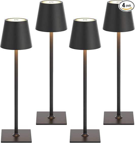 Kakanuo Cordless Rechargeable Table Lamp Black 5000mAh Battery Operated Lamps, 3 Colors Stepless Dimming Touch Lamp for Dining, Living Room, Outdoor Patio, Kitchen Counter, 4 Pack
