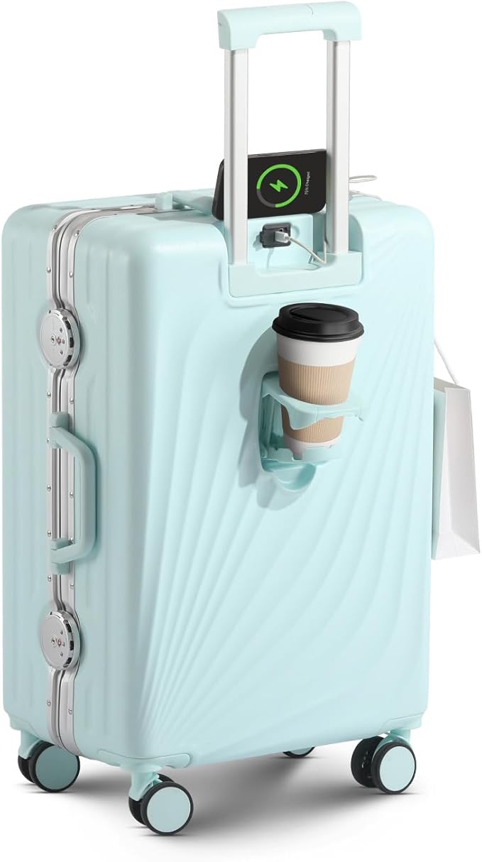 20 Inch Carry On Luggage, Zipperless Luggage with Spinner Wheels, Airline Approved Suitcase with Cup Holder, TSA Lock and USB Charger for Travel, Mint Green