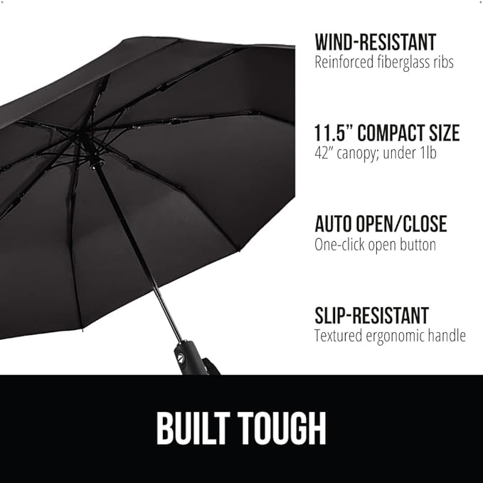 GORILLA GRIP Strong Windproof Stick Compact Umbrella for Rain, One-Click Automatic Open and Close, Durable Quick Dry Waterproof Material, Lightweight and Portable, Travel Size Fits Backpack, Black