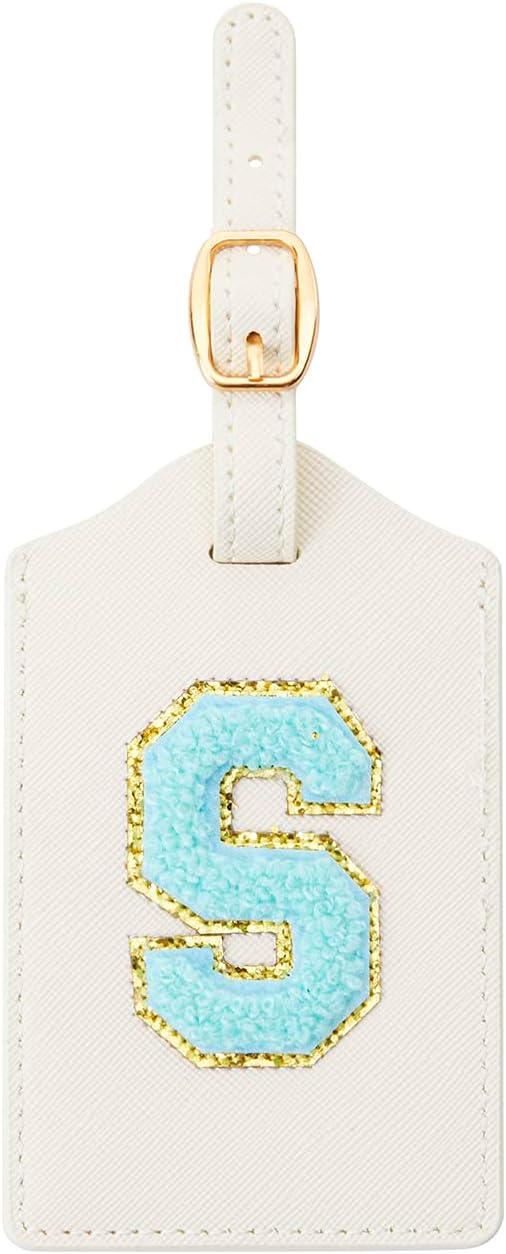 Embroidered Luggage Tag – Initial Bag Tag for Suitcase, Backpack, Carry-On, Duffel – Faux Leather Travel Accessory, Name Identifier, ID Label for Travel Bags (S, White Leather+Blue Letter)