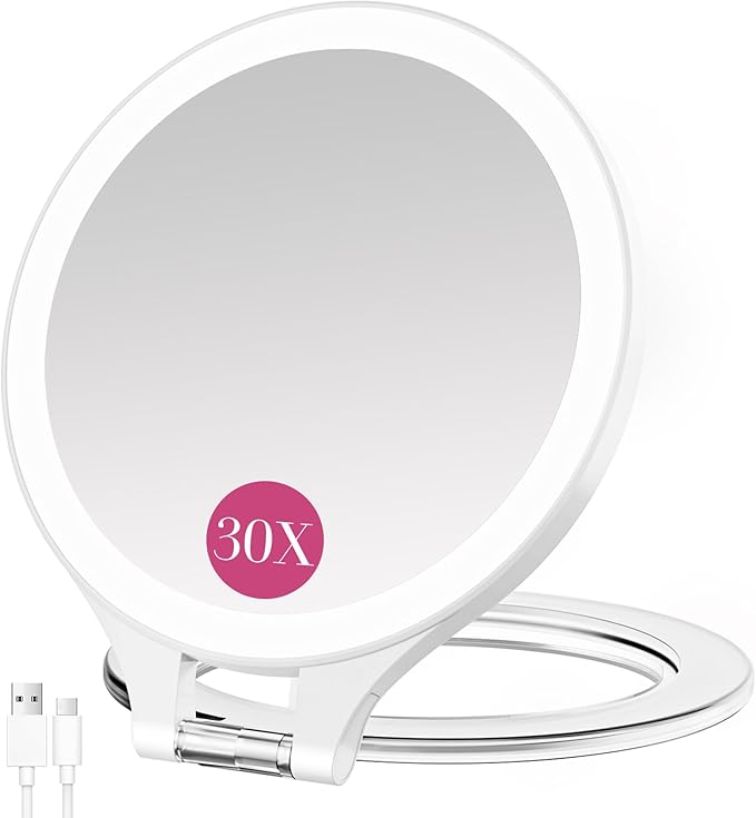 Magnifying Mirror with Light 30X/1X, Double Sided travel mirror with light, Rechargeable makeup mirror with 3 color setting Adjustable stand Lighted mirror Vanity Portable Desk Cosmetic Mirror