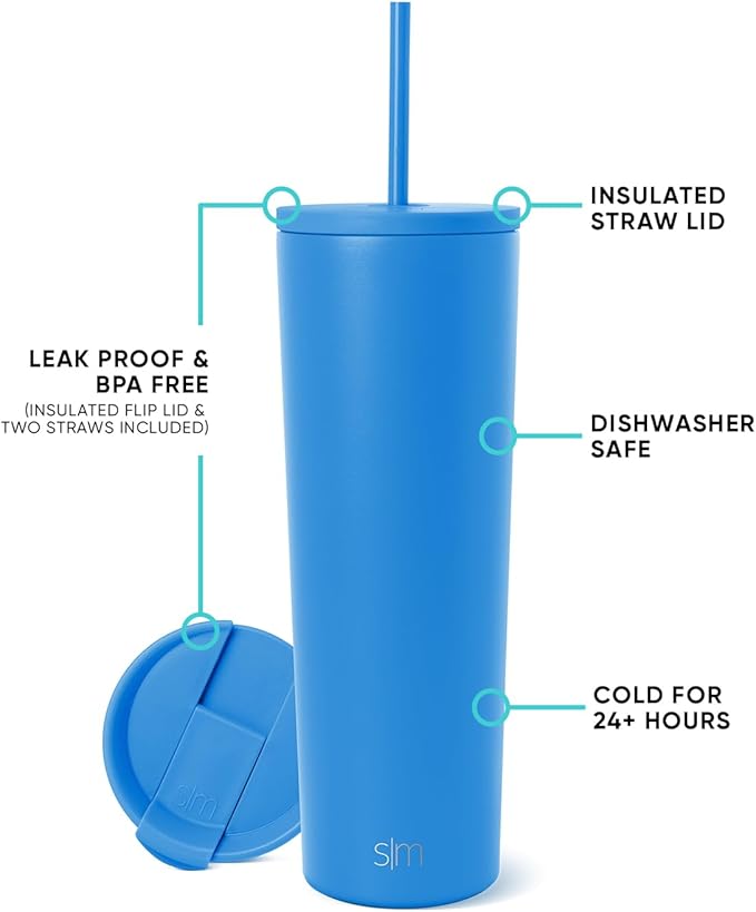 Simple Modern Classic Tumbler with Straw Lid | Insulated Iced Coffee Cup Reusable Stainless Steel Water Bottle Travel Mug | Gifts for Women Men Her Him | 28oz | Supersonic Blue