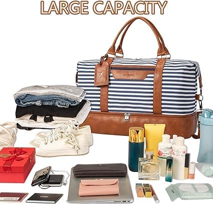 Oeihuivt Weekender Bags for Women - 21 Inch Large Travel Duffel Bag 2-Piece Set with Shoe Compartment, Heavy-Duty Canvas Leather Carry On Overnight Tote