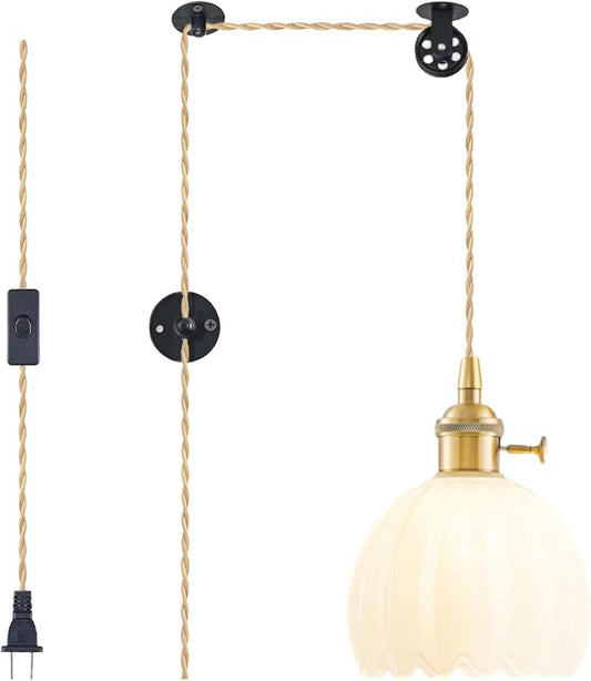 Plug in Pendant Light Fixtures, Hanging Light Fixture Vintage Glass Pendant Light, Mini Milk White Tulip Hanging Lamp, Pendant Lighting for Kitchen Island, Bedroom, Dining Room, Living Room