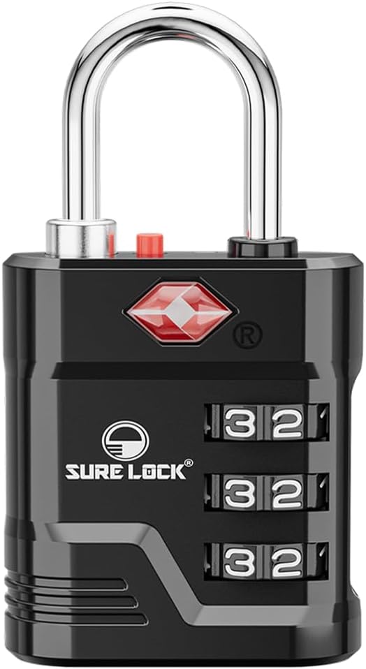 SURE LOCK TSA Approved Luggage Lock – 3-Digit Resettable Combination Padlock with Open Alert Red Dot, Large Easy-Read Dials for Suitcases, Backpacks, Gym & School Lockers