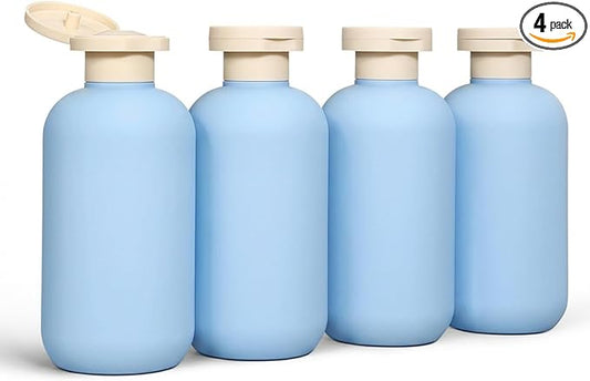 DEMORA 6.6oz Travel Bottles for Toiletries, Larger Plastic Travel Squeeze Bottles Leak Proof Refillable Toiletry Containers with Flip Caps and Labels for Shampoo Conditioner Lotion (Blue, 4 Pcs)