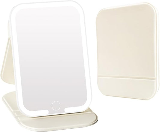 Rechargeable Travel Mirror with Light, LED Makeup Mirror with Lights, Portable Vanity Mirror with 3 Color Lighting, Touch Dimmable Lighted Cosmetic Mirror, Travel Essentials for Women (Beige)