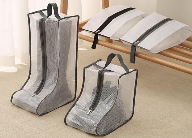 2 Set Boot Storage,Portable Short Boots and Tall Boots Storage or Protector Bag,Shoe Dust Bags,Shoe Sleeves for Travel,Clear Boots Cover,Shoes Packing Organizers for Adult Sneakers (Black Edge-Short)