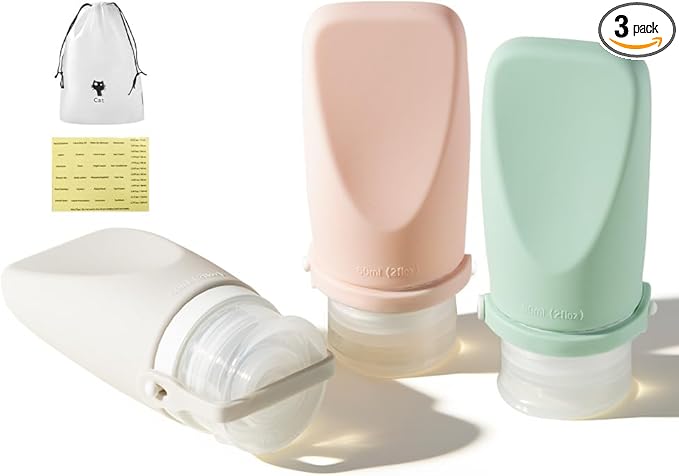 Travel Bottles for Toiletries, TSA Approved 2oz Container, High-Effeiciency Leak-Proof Ultrasonic Technology, Silicone Refillable Squeezable Travel Accessories for Shampoo Conditioner Lotion (3 Pcs)