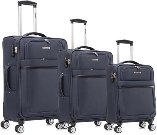 Lispin Luggage Set Softshell Expandable 4 Piece Suitcase with Wheels Softside Lightweight Travel Carry on Luggage (Dark Blue + Fabric + 3-piece)