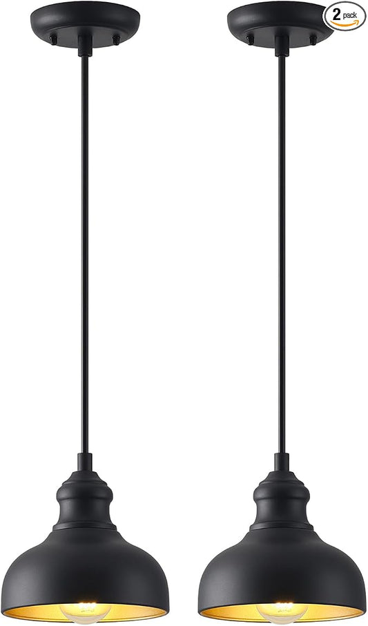 7in Dome Black Farmhouse Barn Pendant Light with Brass Interior, 2 Pack Outdoor Porch Hanging Lamp Small Barn Style Kitchen Island Pendant Lighting for Bedroom Hallway, Adjustable