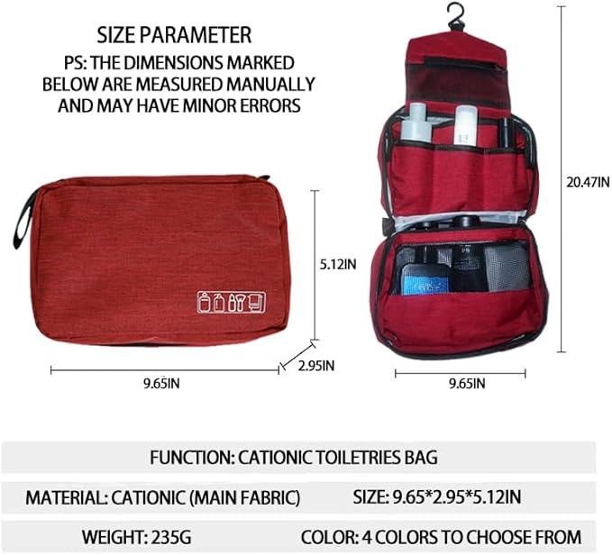 Travel toilet bag is used to store toiletries, Suitable for short-term travel use hanging toilet bag (Burgundy)