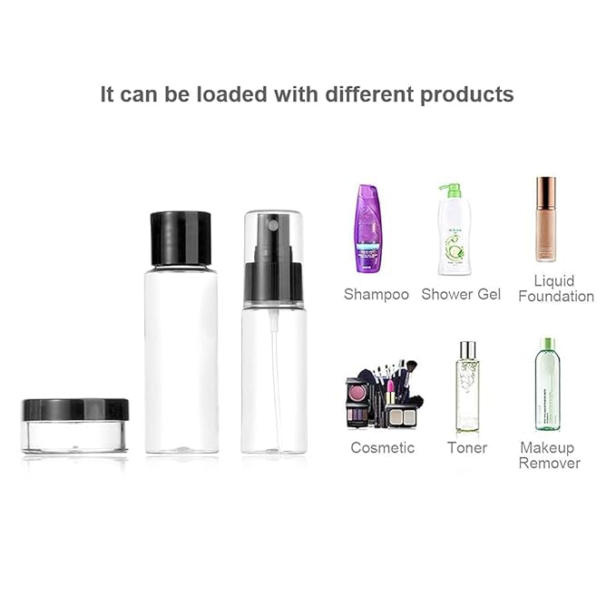 Vitog Travel Bottles Kit, TSA Approved Leak Proof Portable Toiletry Containers Set, Clear flight size PET Cosmetic Containers for Lotion, Shampoo, Cream, Soap, Set of 11 (Black+Plastic)