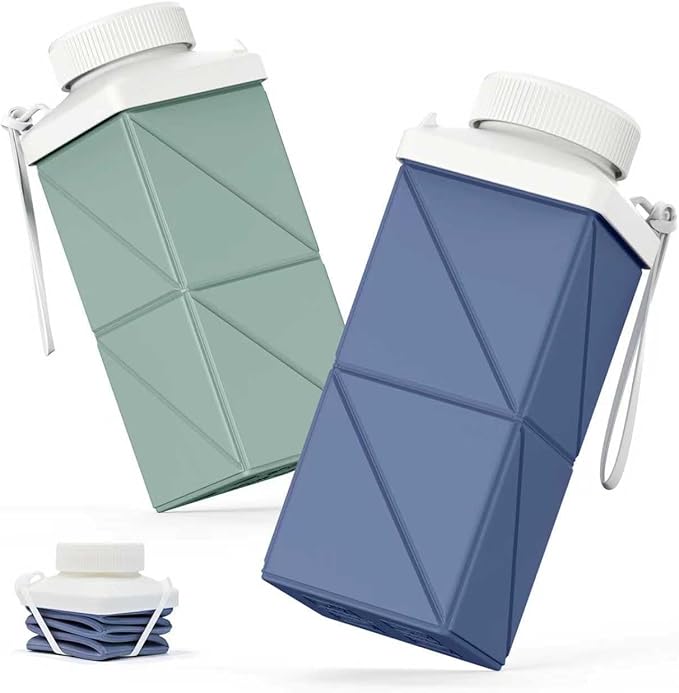 Collapsible Water Bottles 17.4oz (516ML), Leakproof BPA-Free Reusable Travel Water Bottle, Lightweight for Cycling Camping Sports (Dark Blue + Green)