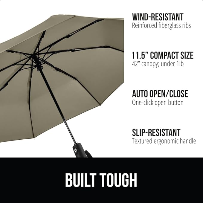 GORILLA GRIP Strong Windproof Stick Compact Umbrella for Rain, One-Click Automatic Open and Close, Durable Quick Dry Waterproof Material, Lightweight and Portable, Travel Size Fits Backpack, Beige