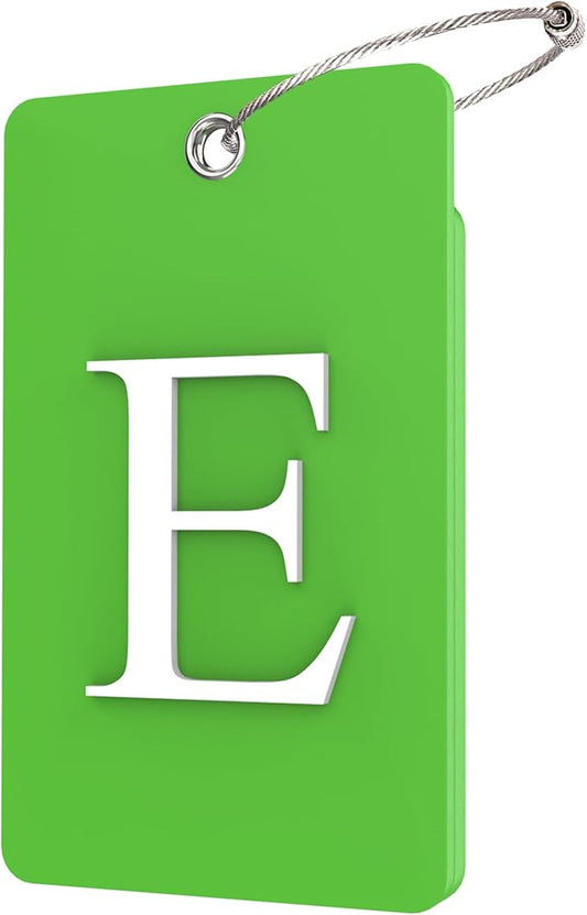 Gostwo 2 Pack Luggage Tags for Suitcases, 26 Initial Letter Travel Luggage Baggage Identification Labels ID Tag Fully Bendable Tags with Stainless Steel Loop (Green) (Letter E)