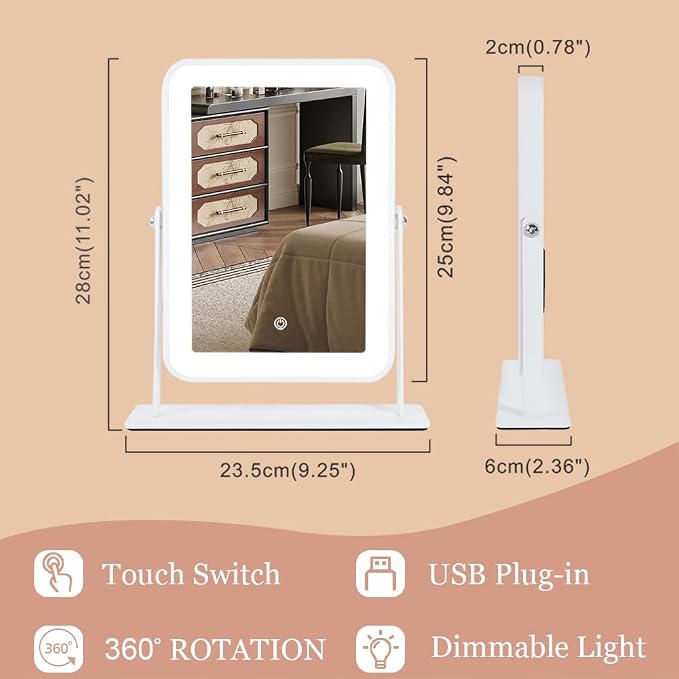 YEKKOPT Small Desk Mirror with Lights, Lighted Makeup Mirror with Light, Portable Tabletop Make Up Mirror for Desk, Vanity Mirror with Lights,Smart Touch Control, Dual Power Supply, 360°Rotation