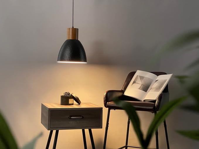 ELYONA Industrial Hammered Pendant Light 7” Small Solid Wood Hanging Lamp with Hammered Metal Shade, Farmhouse Pendant Light Fixtures for Kitchen Island, Dining Room, Bedroom, Office, Modern Black