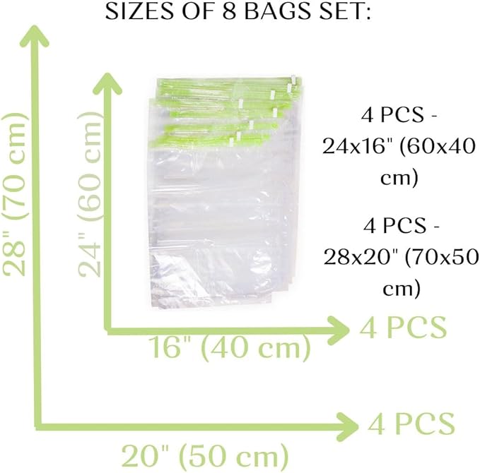 The Chestnut 8 Travel Space Saver Bags - No Vacuum or Pump - for Clothes - Reusable - Luggage Compression - Set of 4 L and 4 M Sacks - Transparent