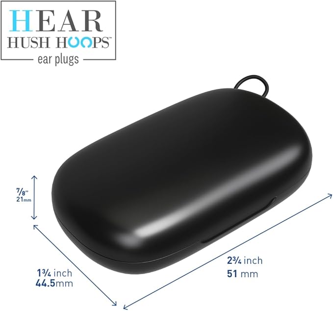 Hush Hoops Ear Plugs, Ultra-Soft Reusable Noise Reducing Earplugs with Horseshoe Shape for Comfort, 4 Tip Sizes for Customizable Fit, 17dB (NRR) Noise Reduction Rating, Black, 1 Pair with Travel Case