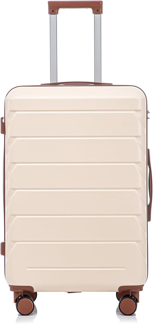 28 Inch Checked-Large Luggage, Lightweight ABS Hard Shell Suitcase with Spinner Wheels, Expandable Travel Luggage with Combination Lock & Side Hooks for Men Women (Beige, 28)