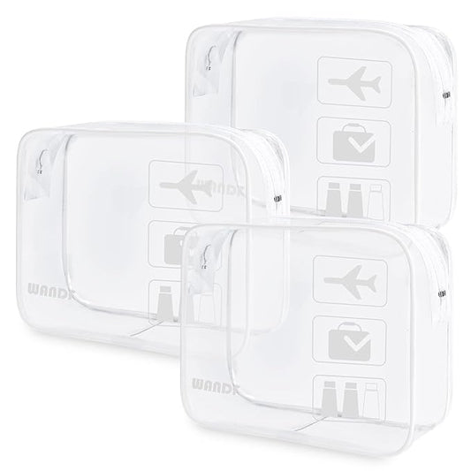 WANDF TSA Approved Toiletry Bag, 2 Packs Travel Clear Toiletry Bag, Quart Size Makeup Cosmetic Pouch with Zipper, Carry-On Airport Compliant Bag for Women and Men (3pcs White)