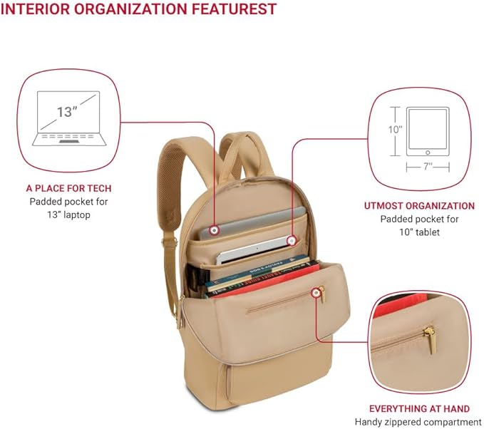 SwissGear Serenity Luxe Women's Laptop Backpack, Laptop Bag Fits Most 13-Inch Laptops, Taupe, 16 Inches