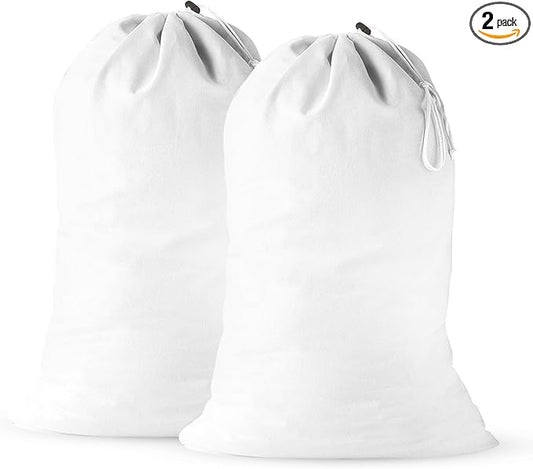 2 Pack - Cotton Laundry Bag, Heavy Duty Large Laundry Bags 24 x 36 inch Drawstring Travel Organizer Bag Fit Hamper Basket Camp (WHITE, Pack of 2)
