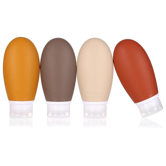 Leak Proof Silicone Travel Bottles,4 Pack 3.4oz Liquid Squeezable Refillable Portable Accessories/Cosmetic Containers,BPA Free,Travel Size Bottles for Toiletries Shampoo Conditioner Lotion(Brown)