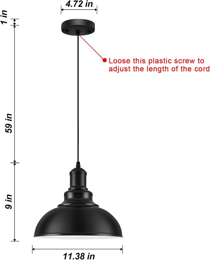 Pendant Lights, Farmhouse Pendant Lamp with Metal Shade (White Inside), Matte Black Industrial Pendant Lighting for Kitchen Island, Dining Room, Bedroom, Hallway