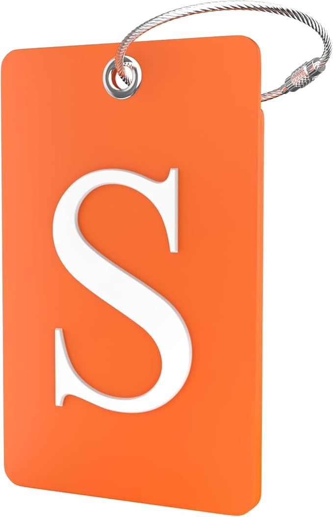 Shacke Luggage Tag Initial – Fully Bendable Tag w/Stainless Steel Loop - Orange (Letter S)