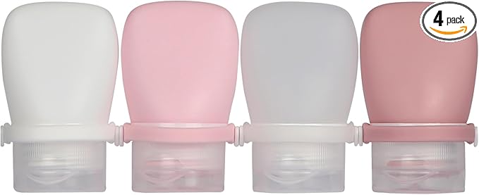 1oz Silicone Travel Bottles for Toiletries (4-Pack), TSA Approved Leakproof Toiletry Bottles with Locking Lid, Refillable Travel Size Containers for Shampoo, Body Wash, Camping & Trips (White,Pink)