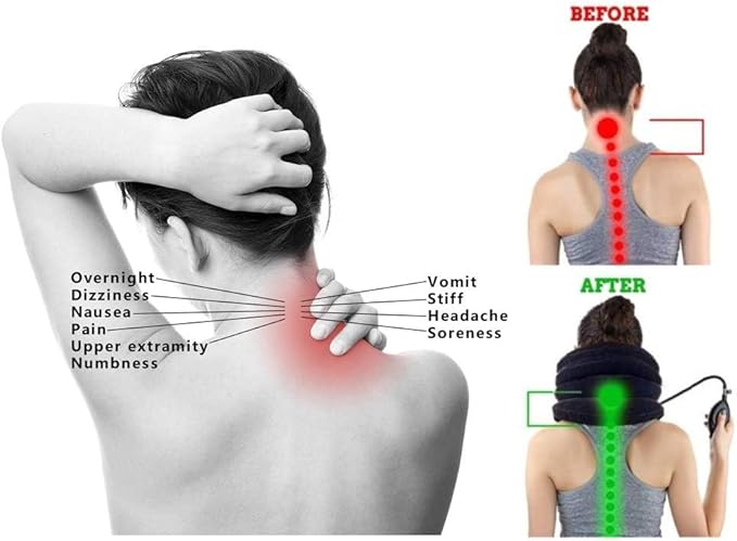 Upgraded Version Premium Flannel Inflatable Cervical Neck Traction Air Inflatable Pillow Neck Head Stretcher Pain Relief Collar (for Adults, Dark Blue)