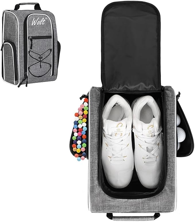 Wolt Golf Shoe Bag - Sports & Travel Shoes Carrier Bags with Ventilation & Double Outside Accessory Pocket for Socks, Tees, Golf Balls, Etc. for Women and Men (Grey)