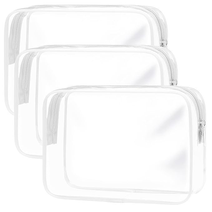 Clear Toiletry Bag, 3 Packs TSA Approved Water resistant Travel Organizer, Airport Airline Travel Essential Carry On Makeup Cosmetic Bags for Women, White - 3 packs