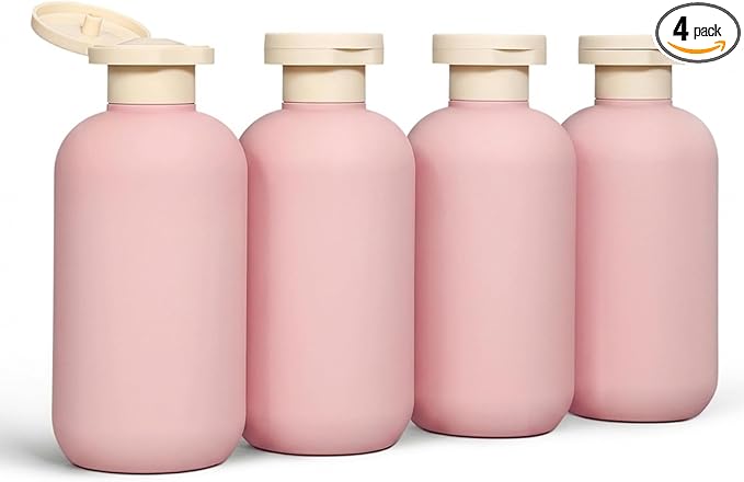 DEMORA 6.6oz Travel Bottles for Toiletries, Larger Plastic Travel Squeeze Bottles Leak Proof Refillable Toiletry Containers with Flip Caps and Labels for Shampoo Conditioner Lotion (Pink, 4 Pcs)
