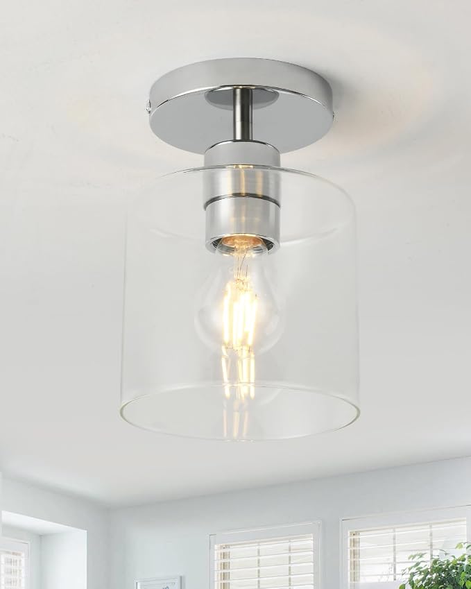 Chrome Semi Flush Mount Ceiling Light,Modern Farmhouse Ceiling Light Fixture for Closet Entryway,Hallway Light Fixture 5.9in Clear Glass Shade 2 Pack