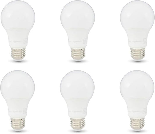 Amazon Basics A19 LED Light Bulbs, 75 Watt Equivalent, Energy Efficient 12W, E26 Standard Base, Soft White 2700K, Dimmable, 10,000 Hour Lifetime , 6-Pack