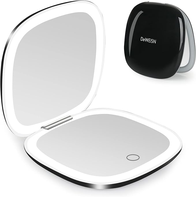 deweisn Compact Mirror, Lighted Travel Makeup Mirror with 1X/10X Magnifying Double Sided Dimmable Portable Pocket Mirror for Handbag, USB Charging(Black)