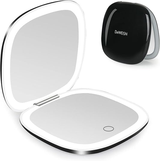 deweisn Compact Mirror, Lighted Travel Makeup Mirror with 1X/10X Magnifying Double Sided Dimmable Portable Pocket Mirror for Handbag, USB Charging(Black)