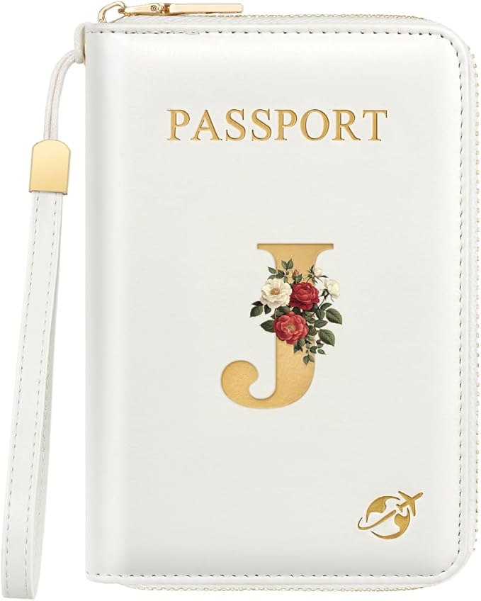 Passport Holder for Travel Personalized Passport Holder Initial Letter Rose Flower RFID Blocking Travel Wallets Credit Cards Holder for Women Men, White J