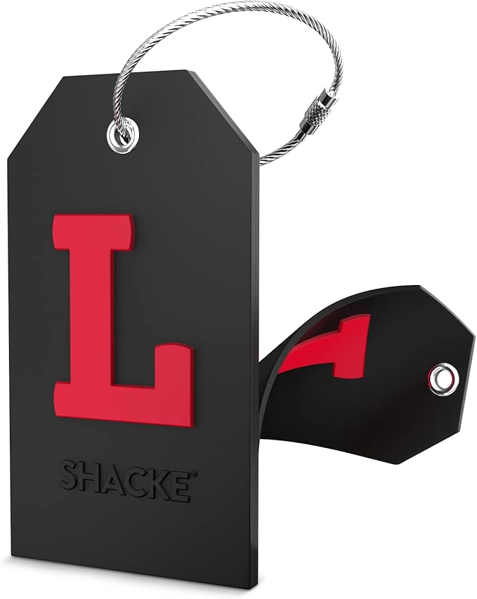 Shacke Initial Luggage Tag with Full Privacy Cover and Stainless Steel Loop - Black (Letter L)