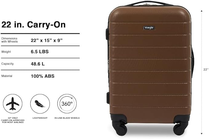 Wrangler Smart Spinner Hardside Luggage, 22-Inch Carry-On, Toffee