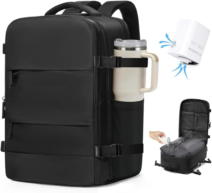 VGCUB Vacuum Backpack Travel with Electric Pump Vacpack System Storage Compression Carry on Laptop Work Business Waterproof College Bags Casual Daypack Backpacks for Women Men Black