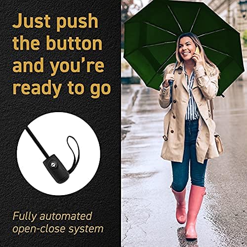 Windproof Compact Umbrella for Rain - 42” Travel Umbrella, Portable, Strong, Collapsible to 11”, Automatic Open Close Button, Vented Double Canopy with Fiberglass/Steel Frame, Wind Resistance to 55MPH