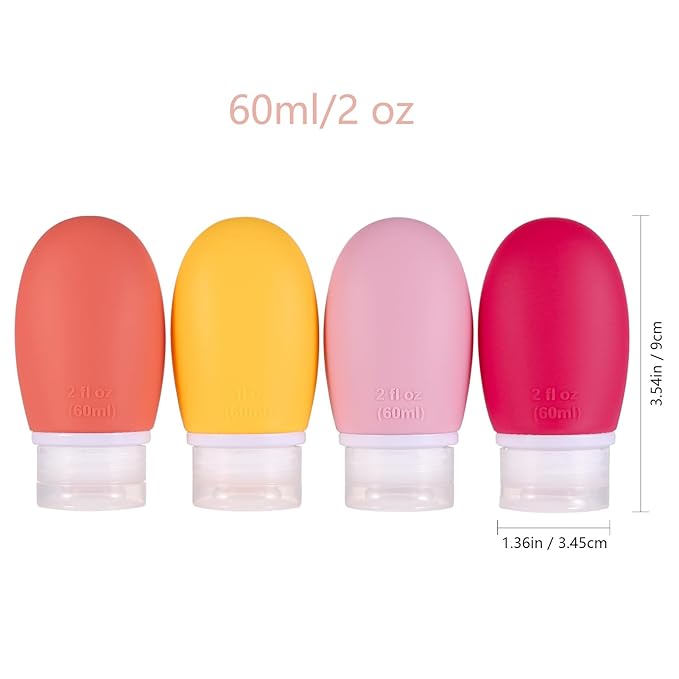 Leak Proof Silicone Travel Bottles,4 Pack 2oz Liquid Squeezable Refillable Portable Accessories/Cosmetic Containers,BPA Free,Travel Size Bottles for Toiletries Shampoo Conditioner Lotion