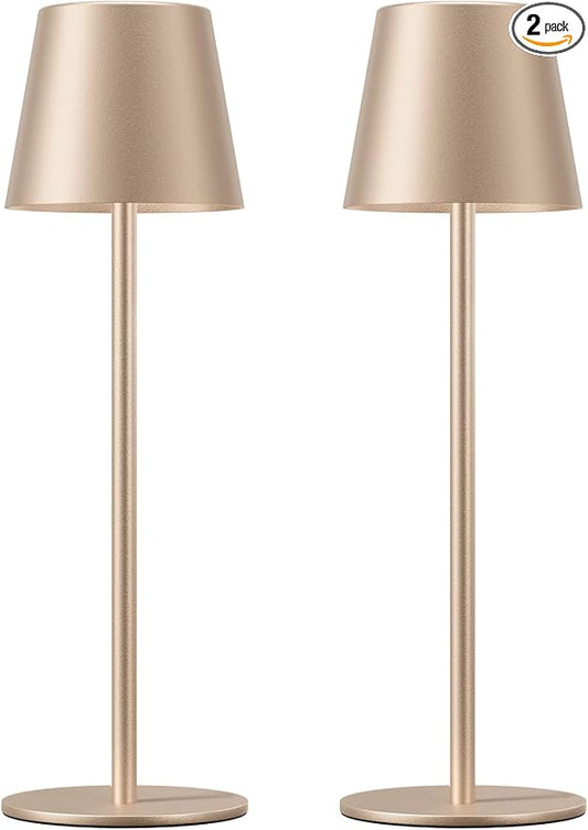 Kakanuo Champagne Gold Cordless Table Lamp Rechargeable - 2 Pack Battery Operated Lamp for Counter, 3 Color Stepless Dimming Wireless Lamp for Dining Kitchen, Outdoor Patio, Touch Control