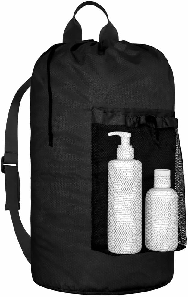 Laundry Bag Backpack Large Travel Laundry Backpack with Adjustable Shoulder Straps Portable Hamper Bag for College, Dorm, Apartment Camp(Black)