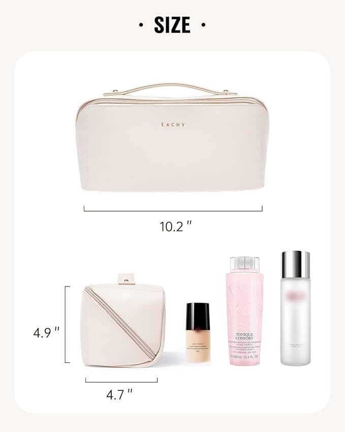 EACHY Travel Makeup Bag, Large Capacity Cosmetic Bag for Women, Waterproof PU Leather, Flat Open Portable Toiletry Bag for Skincare, Brushes & Travel Essentials